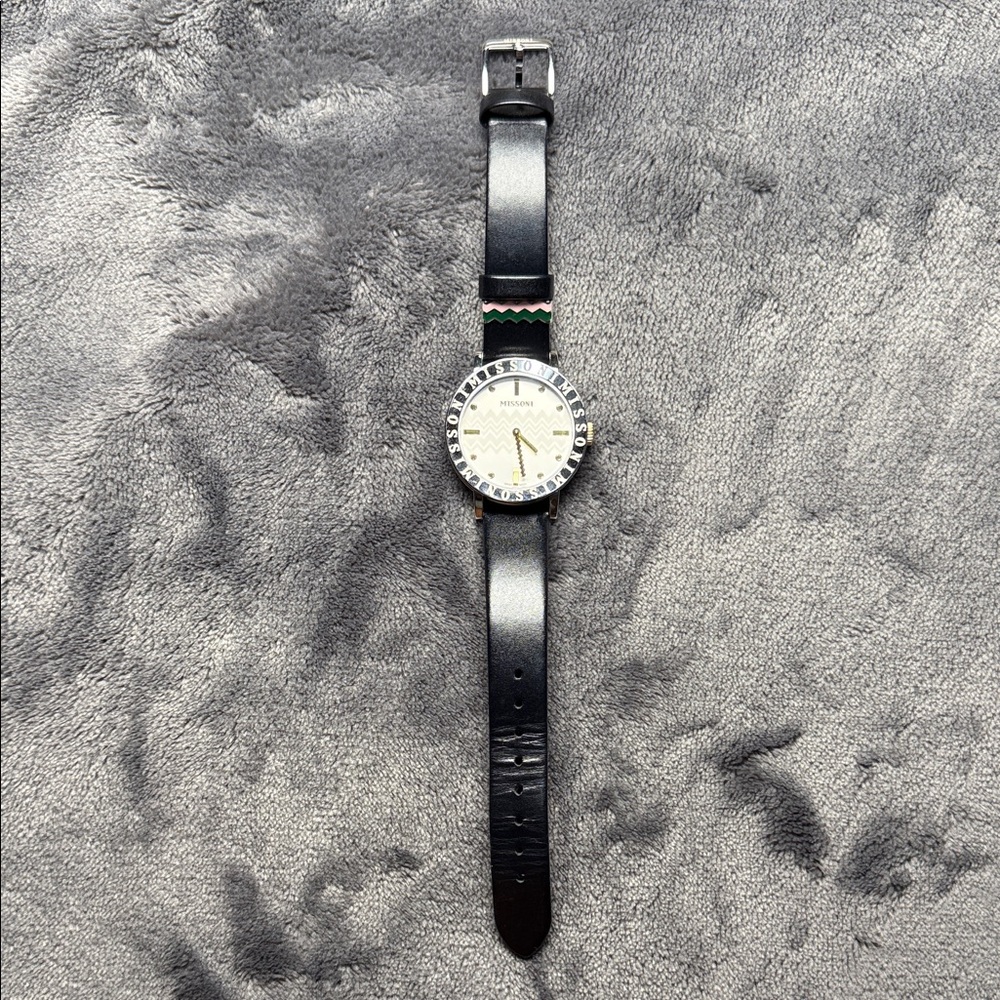 Missoni Black Leather Watch with Cream Dial and Green Accent
